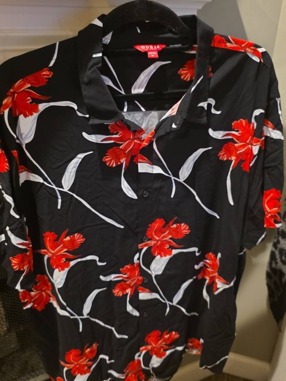 Guess Men’s Black Shirt with Red Floral Print